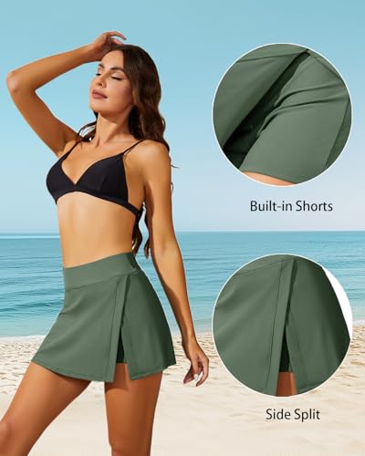 Image of High Waisted Split Swim Skirt Built-in Shorts Tummy Control Swim Bottom | Wide Flattening Band, Versatile Top Pairing, Full rear modesty via long hem