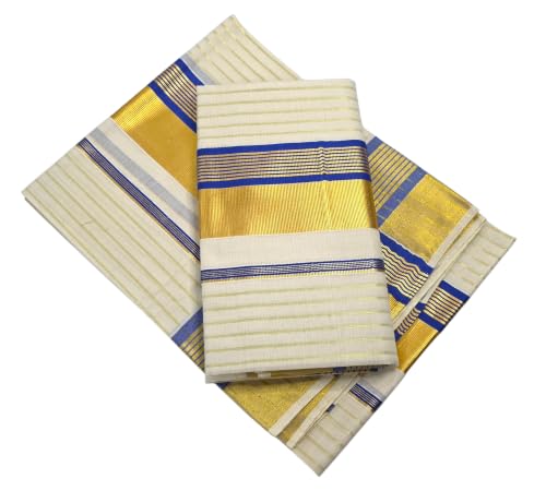 Image of Womens Kuthampully Set Mundu With Golden & Stripes Kara