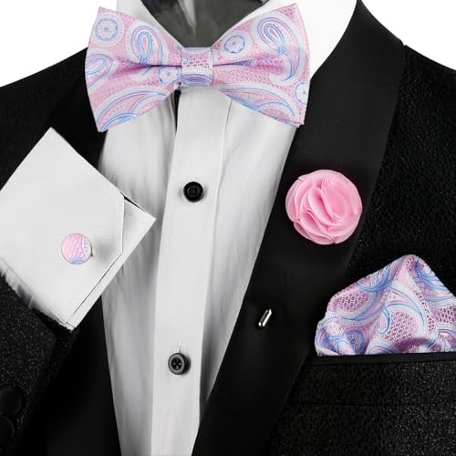 Image of Alizeal Mens 4pcs Vintage Paisley Bow Tie Set | Pre-tied Pocket Square Cufflinks Boutonniere for Wedding Everyday Use