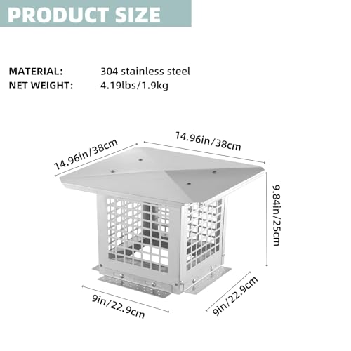 Chimney Cap, 9x9 Inches Square Chimney Cover, Stainless Steel Fireplace Chimney Caps with Adjustable Bottom, Mesh Covers for Outside Existing Clay Flue, Silver