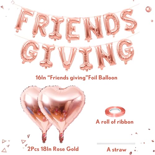 Image of Friendsgiving Balloons Friends Giving Party Decorations 16 Inches Tall Rose Gold Heart Friendsgiving Foil Mylar Balloon Letter Banner for Fall Theme Thanksgiving Friends Party Backdrop Supplies