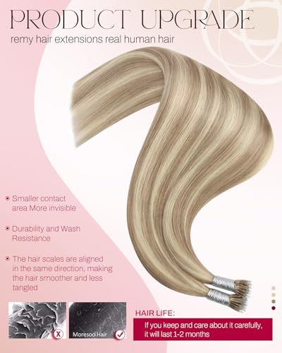 Image of Moresoo Nano Bead Hair Extensions Human Hair, Beige Blonde Blend, 24 Inch | 50g 50 Strands, Dirty Blonde, Discreet Nano Bead Attachment, Extra Length, Natural Movement and Fuller Looking Hair