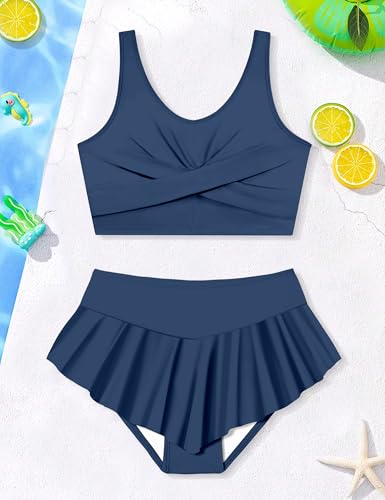 Image of Qaoerde Girls Swimsuit Tropical Print Bikini Set with Ruffle Hem Two Piece Criss Cross Bathing Suits for Girls 7-16 Years