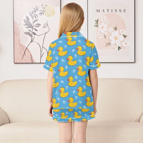 Yellow Duck with Bubble Print Summer Satin Pajama Set, Cute Button-Down Sleepwear Pj Set for Sleep Wears4