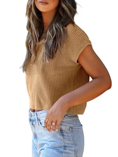 Image of LCXWFE Womens Summer Cropped Sweater Vest Trendy Cap Sleeve Crop Tops Crew Neck Loose Knit Tank Top