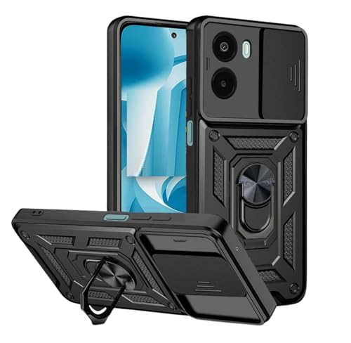Image of SPAZY CASE Poco M7 Plus Back Cover | Heavy Duty Hybrid Case with 360 Degree Rotating Finger Ring Holder + Slider Shutter Camera Protection Case for Poco M7 Plus - Black