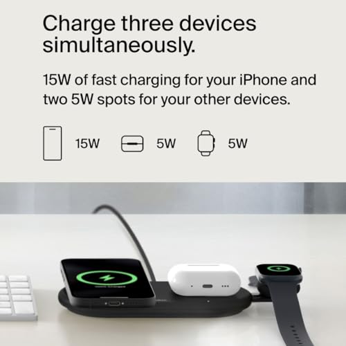 Belkin WIZ022qcBK 3 in 1 Wireless Charger, Qi2 Certified, Compatible with MagSafe iPhone 17, 16-12, Smartphones (Up to 15W Fast Charging), AirPods/Wireless Charging Compatible Earphones (5W Charging - Image 3