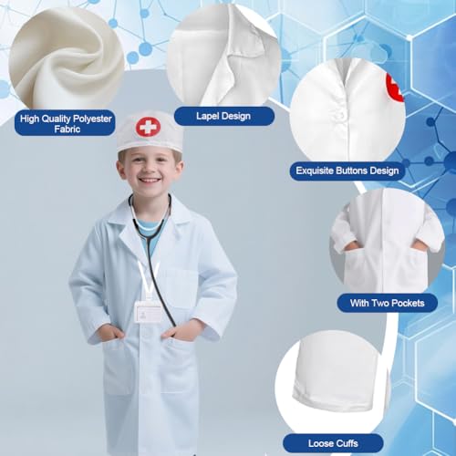 Kostium lekarza dla dzieci, 4 opakowania dla dzieci, zestaw lekarza biały płaszcz laboratoryjny z kapeluszem stetoskopowy uchwyt na kartę roboczą akcesoria medyczne zestaw do zabawy dla chłopców