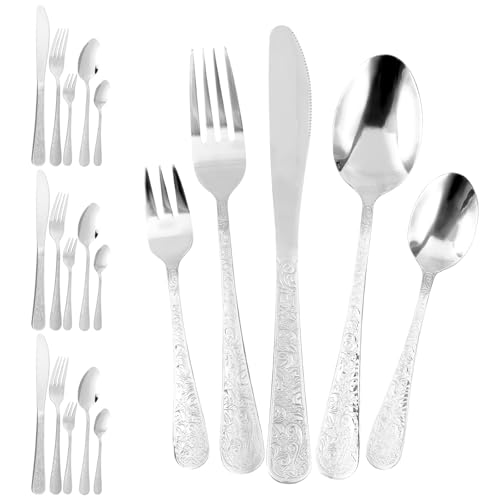 Besteck Set,20-teilig Besteckset für 4 Personen,Stilvolles Besteckset aus Edelstahl mit Gabel,Löffel und Messer,Spiegelglanz,Retro Griff mit...