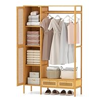 Giantex Bamboo Clothes Rack with Shelves, Freestanding Garment Rack w/Rattan Door, Hanging Rod, Storage Shelf, 2 Drawers, 7-Tier Heavy Duty Wardrobe Closet Organizer w/Cabinet for Entryway Bedroom