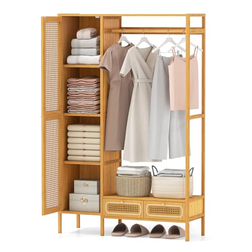 Giantex Bamboo Clothes Rack with Shelves, Freestanding Garment Rack w/Rattan Door, Hanging Rod, Storage Shelf, 2 Drawers, 7-Tier Heavy Duty Wardrobe Closet Organizer w/Cabinet for Entryway Bedroom