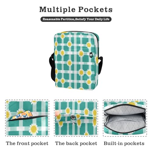 messenger bag crossbody cross body bag Croos Body Purses Adjustable Strap for Shopping Shopping- Squares Turquoise White Sunflower2