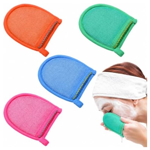 4 Pcs Facial Scrub Exfoliator Mitts Deep Exfoliating Gloves Face Scrub and Body Scrub Mitt Face Cleaning Mitten Skin Cleanser Dead or Dry Skin Remover Exfoliator Face Scrub Tool, 4 Colors
