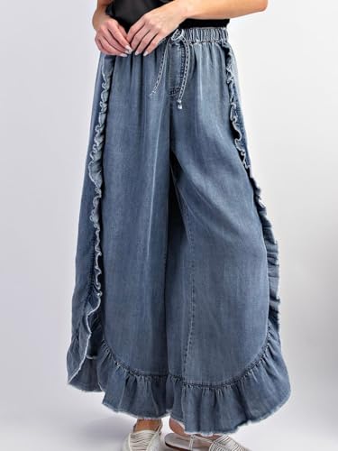 ebossy Womens Ruffle Wide Leg Denim Pants Elastic High Waisted Palazzo Pants Boho Flowy Jeans Culottes2