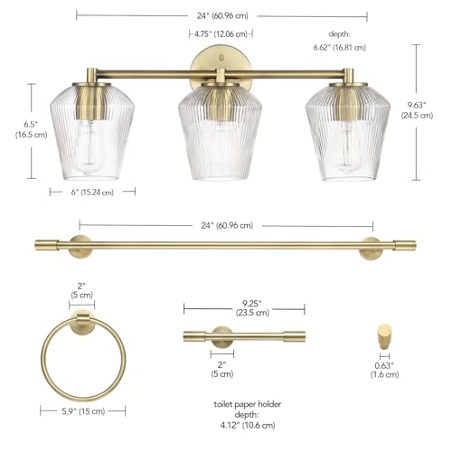 Image of GLOBE Electric 63000063 5-Piece All-in-One Bathroom Set, Matte Brass Finish, 3-Light Vanity Light, Glass Shades, Towel Bar, Toilet Paper Holder, Towel Ring, Robe Hook, Bathroom Lights Over Mirror