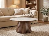 Bois DecoInParis Table Basse Ronde en Bois foncé Plateau en céramique Blanc HEKA