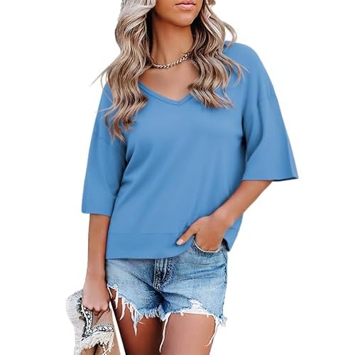 Totatuit Oversized Cropped Tshirts for Women Short Half Sleeve V Neck Tops Summer Flowy Split Hem Basic Tee Shirts Blue X-Large