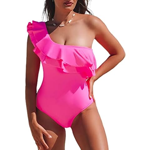 Hilinker Women's One Piece Swimsuit One Shoulder Ruffle Monokinis Bathing Suit, Hot Pink, Small Cover