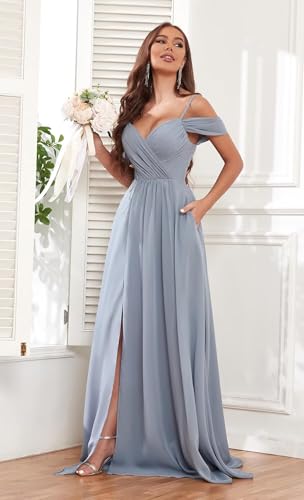 Off The Shoulder Bridesmaid Dresses for Women with Pockets Split Long Chiffon Formal Evening Dresses3