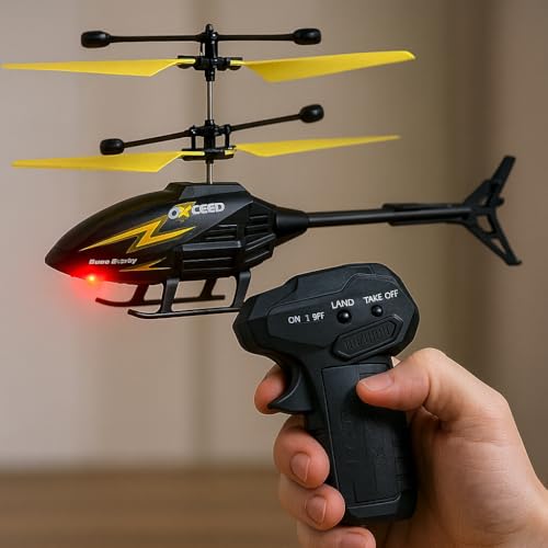 Image of KIDZYMON RC Flying Helicopter with Hand Gravity Sensor, Charging Battery, 3D Light, Safety Sensor, Gravity Sensor, Suitable for Kids Age 4+ Years (Style Gun Yellow)