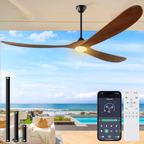 Image of 72 inch Outdoor Ceiling Fan with Lights-Glass Lamp, Large Damp Rated Wood Propeller Blades for Big Patios & Porch, Smart APP and Remote Control, 3 Blades Dimmable LED Ceiling Fans, High CFM-Walnut