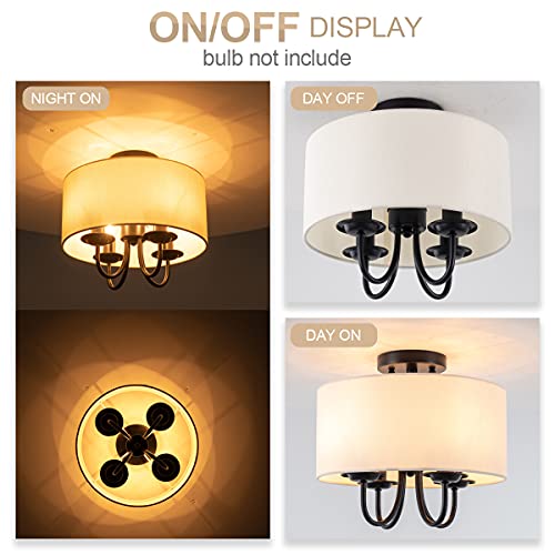 Viluxy Semi-Flush Mount Ceiling Light Fixture Off-White Fabric Drum Shade Modern Chandelier Black Finish For Bedroom, Dining Room, Corridor, Living Room 4-Light #TOP5