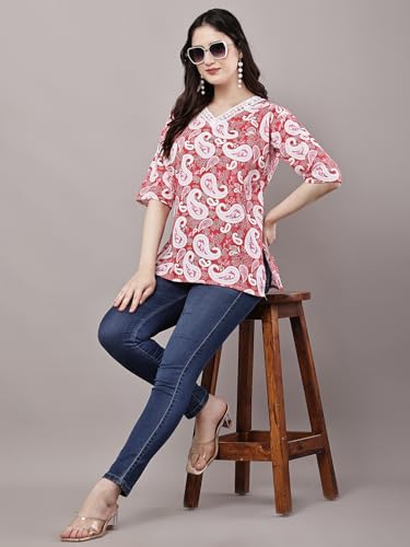 Image of Women's Red Printed Short Kurti with Lace Trim, 3 /4 Sleeves, Round Neck, Ethnic Style