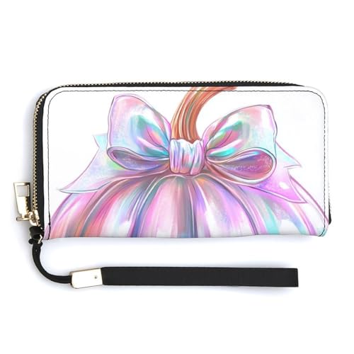 Pumpkin Holographic Pink PU Leather Clutch Long Bifold Wallet, Coin Purse Credit Pass Case, Durable Card-Holder Money Storage for Women Men
