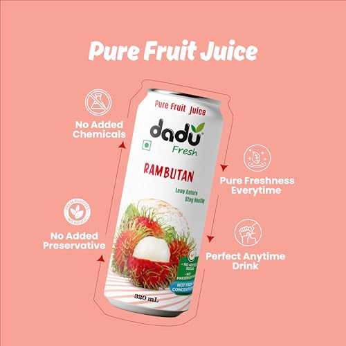 Image of Dadu Fresh Rambutan Juice | Pure Natural Fruit Healthy Beverage | Not from Concentrate, No Added Sugar, No Preservatives or Artificial Flavours | Vitamin Rich & Naturally Refreshing | 4 Cans x 320ml (1280ml)