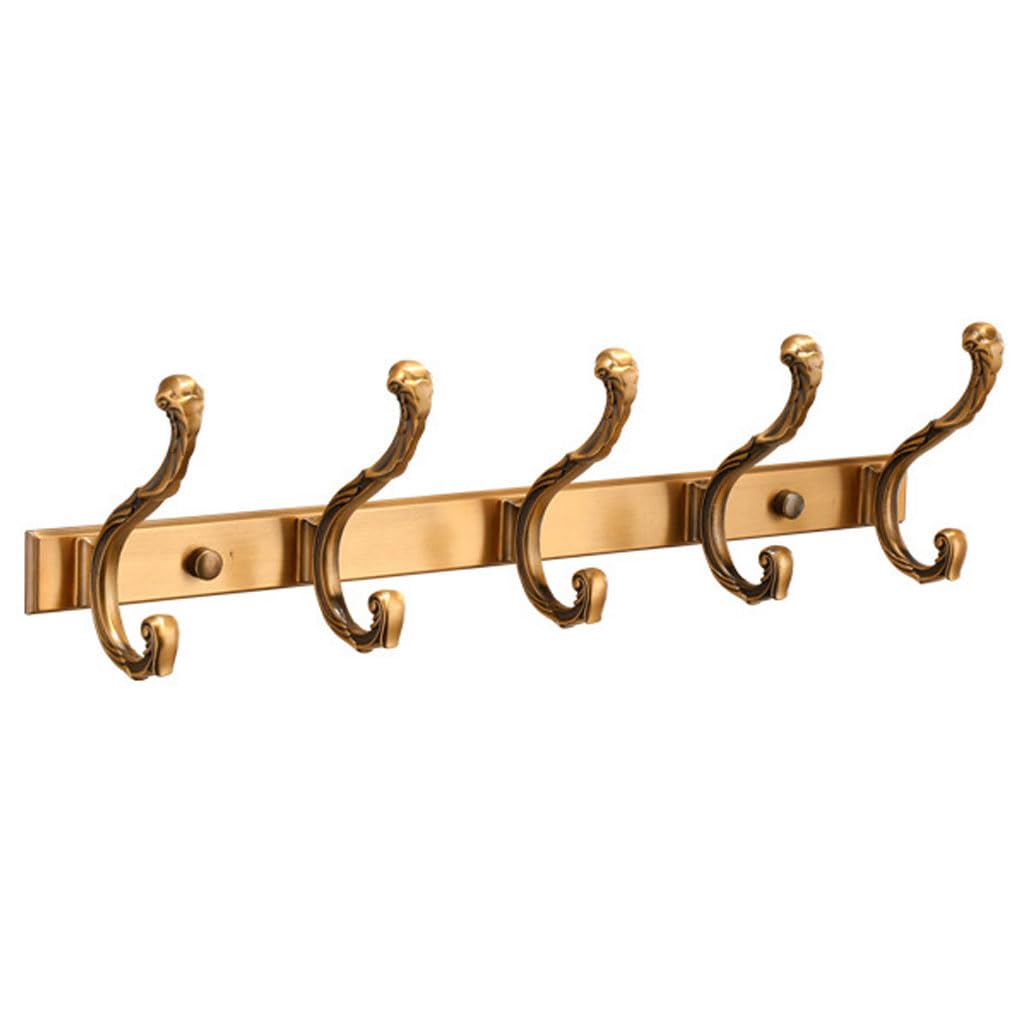 Lmysxaoz Gold Vintage Metal Coat Rack Wall Mount, Aluminum Thickened Hooks Hanging Rail Antique Clothes Towel Racks For Bathroom Entryway Bedroom Behind The Door 5Hook