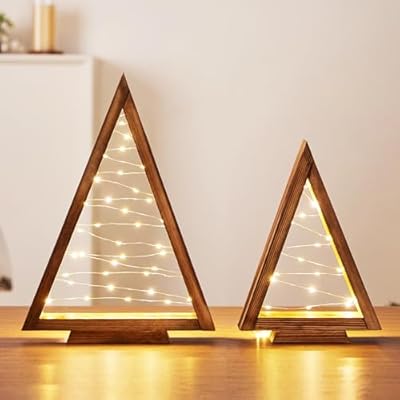Mokof 2 Pack Wood Tabletop Christmas Trees with Lights, Christmas Decorations Indoor, Modern Farmhouse Christmas Decor Small Trees for Table, Mantle, Shelf (13.4" and 10" Tall)