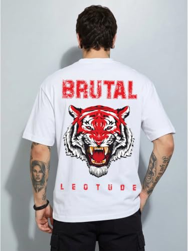 Image of LEOTUDE Men's Premium T-Shirt | 100% Pure Cotton Oversized Baggy Fit Drop Shoulder Cool Back Typographic Printed T-Shirt for Men (Color : Black)