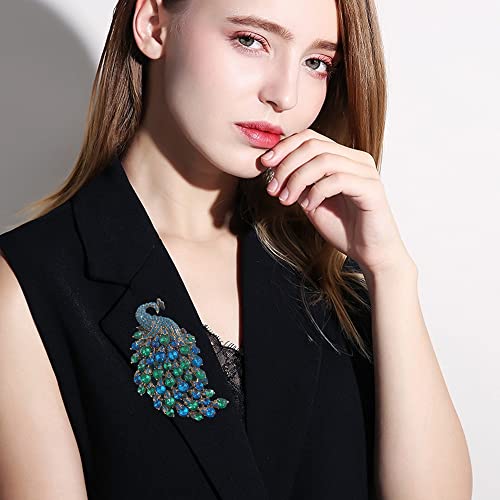 Rhinestone Peacock Brooch Pin for Women Girls Fashion Exquisite Exaggerated Big Crystal Bird Animal Brooches Lapel Pins Elegant Dress Accessories Wedding Christmas Birthday Jewelry Gift