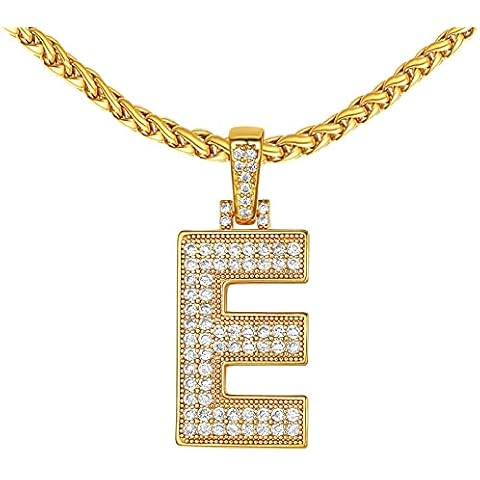 FindChic Hip Hop Mens Necklace Bling Cubic Zirconia E Initial Necklaces for Women Hip Hop 18K Gold Plated Capital Letter Name Pendant Fake Diamond Jewelry for Rapper 22inch Wheat Chain Cover
