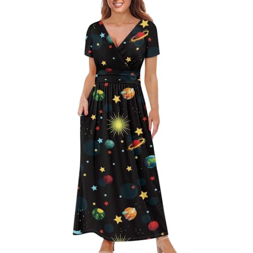 Image of Women's Fall Summer Short Sleeve Ankle Length V-Neck Party Dress with Pockets Size S-3XL