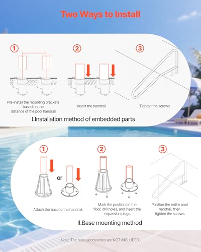 Image of VEVOR Pool Rail, 54 x 32 inch Pool Handrail, 220 lbs Load Capacity Heavy Duty Stainless Steel Swimming Handrail, Seamless Welding, Recessed or Base Mount, for Poolside, Water Parks, Spa Centers