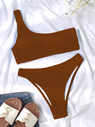 Image of YIMISAN Women's Ribbed Bikini Sets One Shoulder Top with Mid Waist Two Piece Bathing Suit