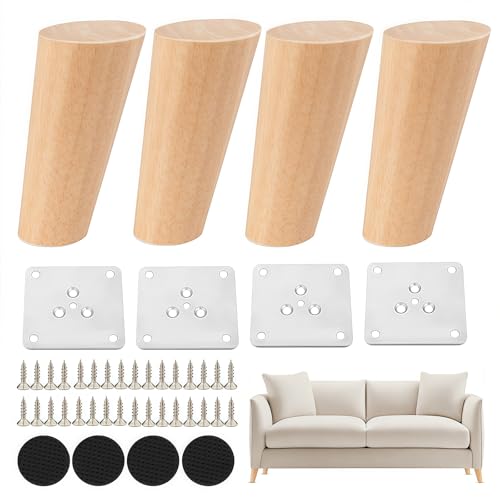 Coztie Möbelfüße Holz 4 Stück Holz Tischbeine 10 cm Konisch Möbelbeine Ersatz Möbelfüße Tischbeine mit Montageplatten und Schrauben für Sofa Bett Schrank Stuhl Tisch Holzfarbe (4 Schräg-10cm)