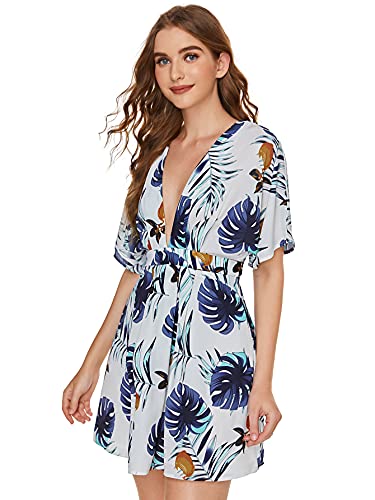 Image of Floerns Women's Tropical Floral Plunging V Neck Tie Open Back Summer Short Dress