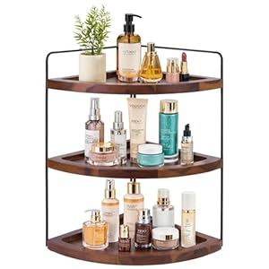 Bathroom Corner Counter Organizer 17×9.9 inch, 3 Tier Acacia Wood Organizer Countertop, Corner Storage Shelf Standing Rack, Cosmetic Vanity Tray Kitchen Spice Rack, Bathroom Storage Décor