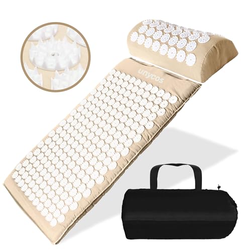 unycos - Akupressur-Set, Akupressurmatte mit Kissen zur Entspannung für Rücken, Nacken, Kopf und Füßen, Blumenfeldmatte zur mit Tragetasche, Nadelreizmatte, 230-Pin, 26-Punkt-Massagematte (Beige)