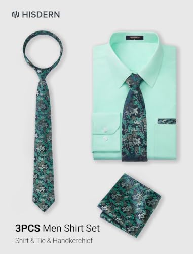 Image of HISDERN Mens Dress Shirt with Tie Pocket Square Set Classic Button Down Shirt Matching Tie Long Sleeve Shirts