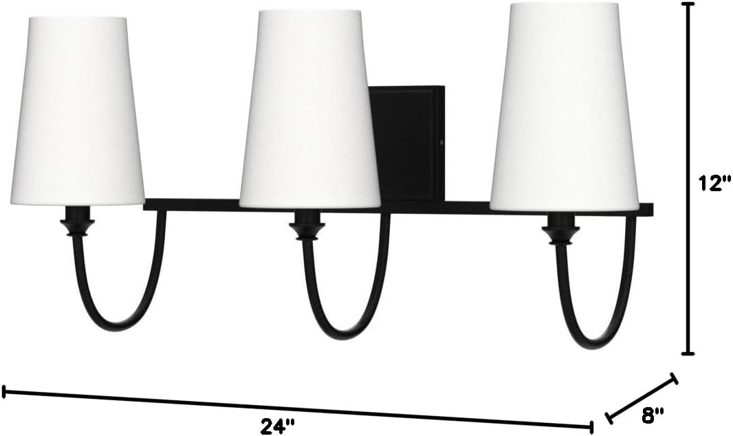 Savoy House 8-2542-3-89 Cameron Modern Farmhouse White Fabric Bathroom Vanity Wall Light, 3-Light 120 Total Watts, 12" H x 24" W, Matte Black
