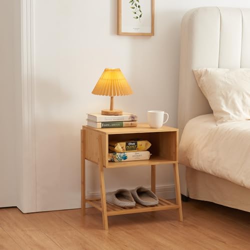 [en.casa] Nachttisch Håbo Beistelltisch mit Stauraum Bambus Nachtschrank mit offenem Fach Sofatisch Nachtkästchen 50 x 45 x 36 cm