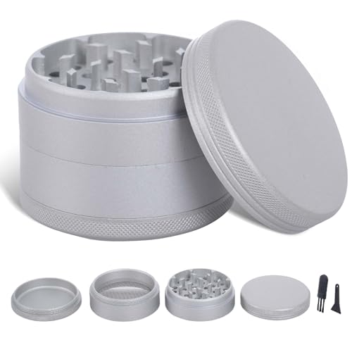 TIRIRS 2.5 Inches 4 Pieces Premium Herb Grinder - Aluminium Large Spice Grinder with Pollen Catcher,Nano Ceramic Coated Spice Mill,Comes with Pollen Scraper and Cleaning Brush,Silver.