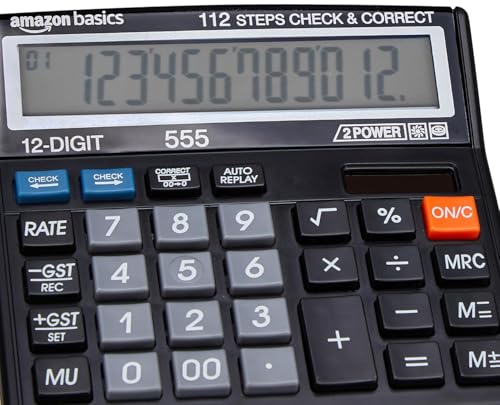 Image of Amazon Basics AB-555 12 Digits GST & Tax Calculator with 112 Steps Check and Correct, Basic Calculator, Black