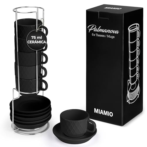 MIAMIO - Juego de tazas de espresso de 6 x 75 ml/Tazas de espresso con patrón de diamante de cerámica - Colección Palmanova (Negro)