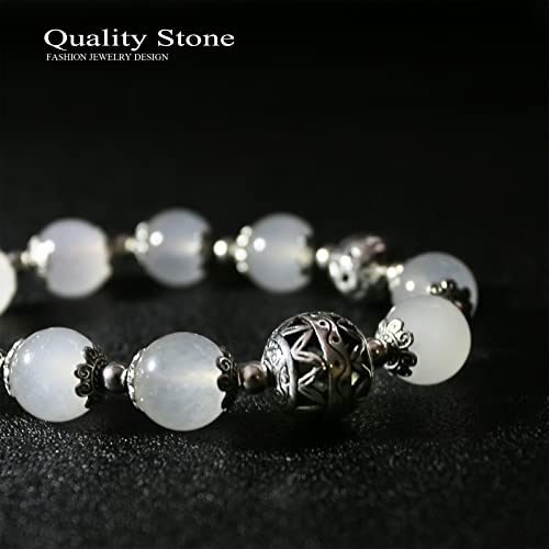 Ks-Workshop 12Mm Stretch Bracelet For Women Handmade Beads Chain Quality Natural Stone White Chalcedony Beaded Girls Ins Style Metal Link Semi-Precious Gemstone Perfect Birthday Gift Souvenir #TOP1