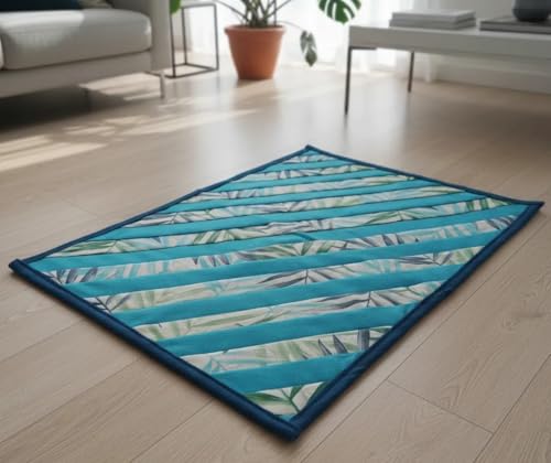 Tapete Artesanal Patchwork Premium Chenille 70x50cm, Tropical, Turquesa e Verde, Macio, Decorativo para Sala e Quarto