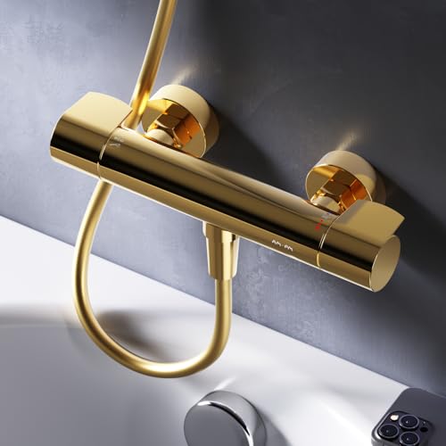AM.PM X-Joy - Duschthermostat Gold, Duscharmatur mit Thermostat, Mischbatterie Dusche Aufputz, Verbrühschutz und Sicherheitssperre bei 38°, Thermostat Armatur Dusche